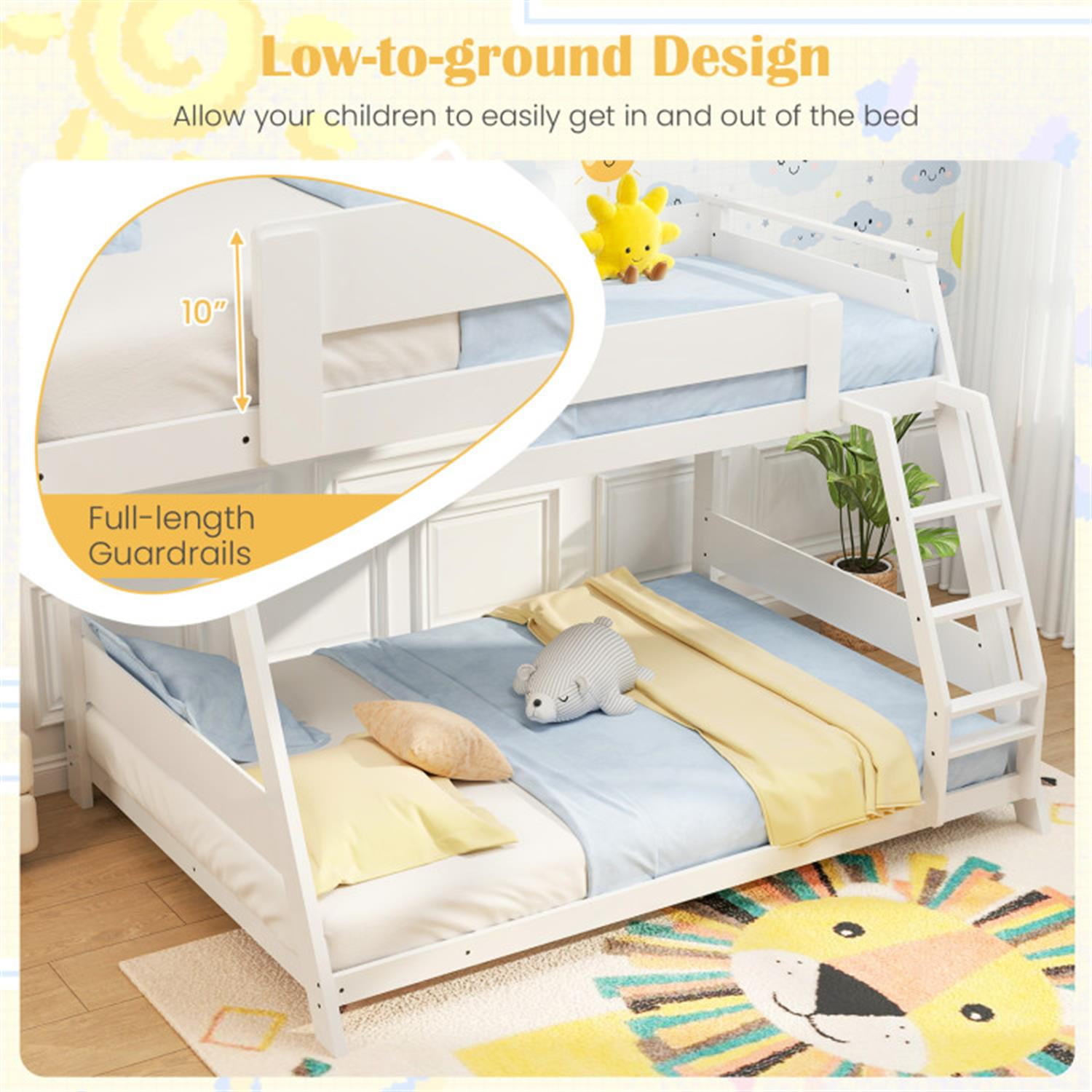 Demi Bonn Twin Over Full Low Bunk Bed with Reversible Ladder, Solid Wood Floor Bunkbeds Frame for Bedroom, No Box Spring Needed, White