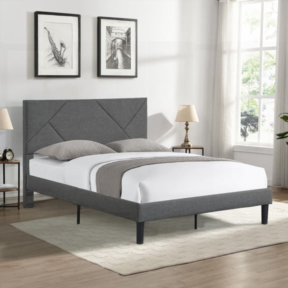 Gray Full Size Upholstered Platform Bed Frame with Headboard, Strong Wood Slat Support, Easy to Assemble, No Box Spring, Suitable for Any Bedroom