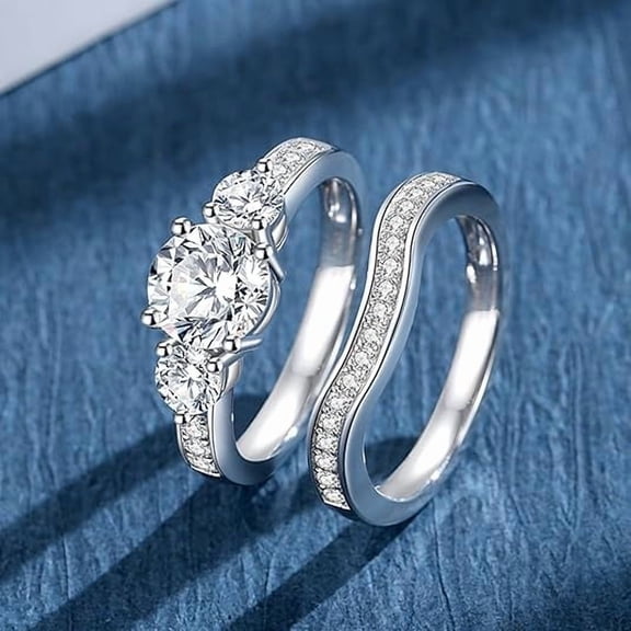 Round 2.00CT Real Moissanite 3 Stone Bridal Wedding Ring Set 14K White Gold Plated 925 Silver