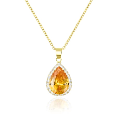 Linawe Citrine Yellow Crystal 14K Gold Plated Chain Necklace for Women, Imitation Diamond Pendant Preppy Necklace, Cubic Zirconia Rhinestone Teardrop Boho Vintage Jewelry Set