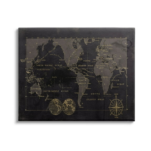 Stupell Industries Black Detailed World Map Graphic Art Gallery Wrapped Canvas Print Wall Art, Design by Carol Robinson
