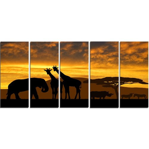 Design Art Giraffes And Elephant And Rhino 5 Piece Graphic Art On Wrapped Canvas Set Walmart Com Walmart Com