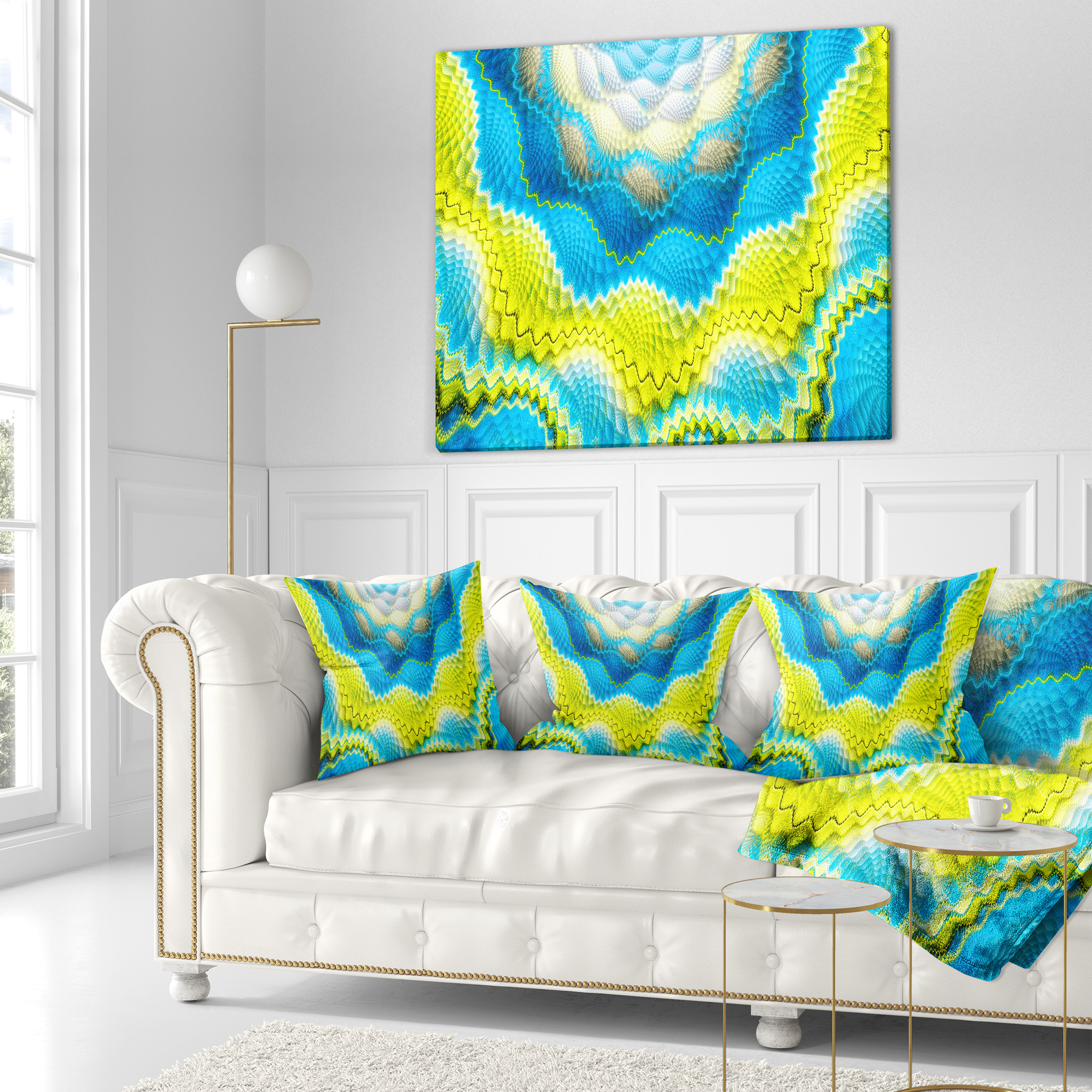 Designart Blue Yellow Spiral Snake Skin - Floral Throw Pillow - 16x16