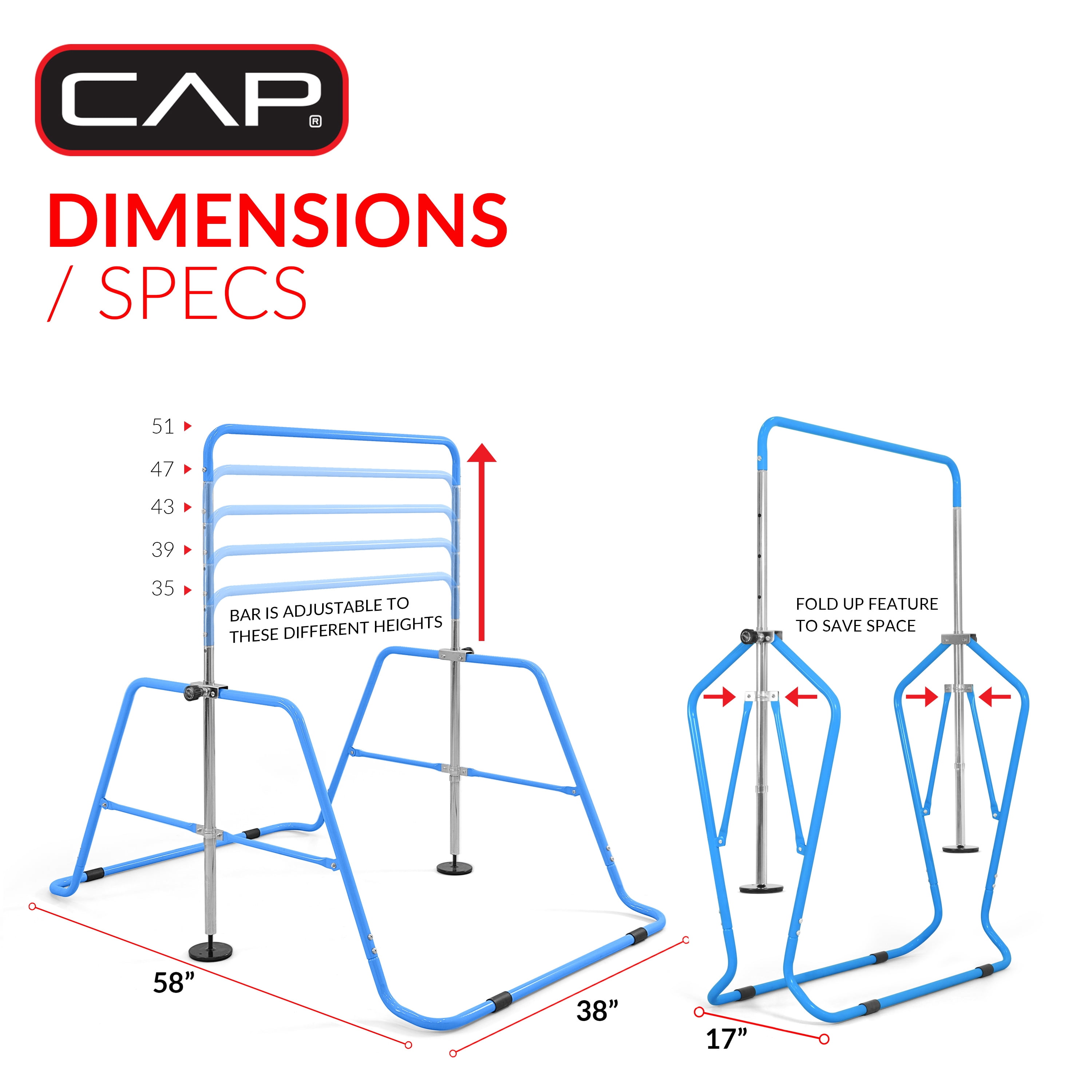 CAP Adjustable Height Horizontal Gymnastics Bar for Kids, Blue and CAP Barbell Gymnastics Balance Mat 10' x 4' x 3" thick, Blue