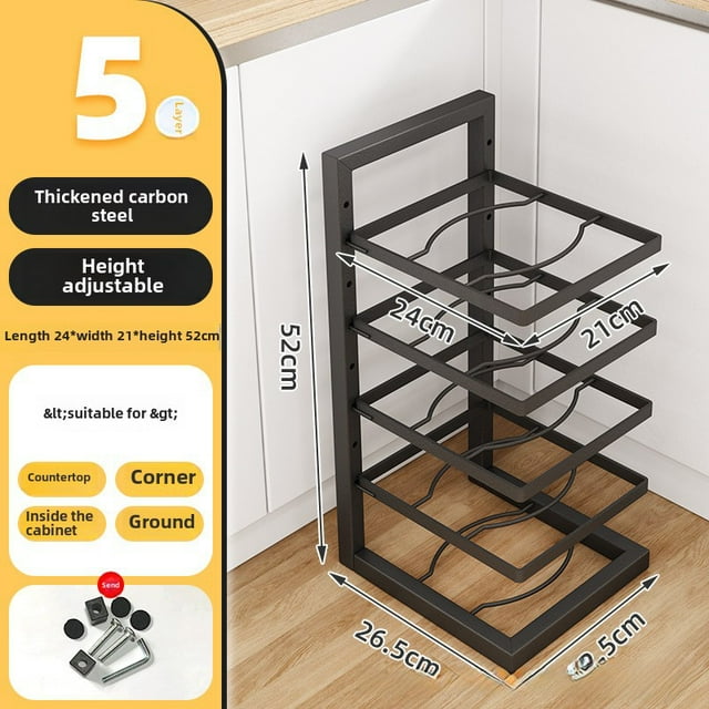 5-Tier Adjustable Height Kitchen Pot Organizer: Thickened Heavy-Duty Cabinet Shelf for Multi-Layer Cookware Storage, Versatile Countertop/Sink Cabinet Rack with Easy Assembly, Sturdy Space-Saving