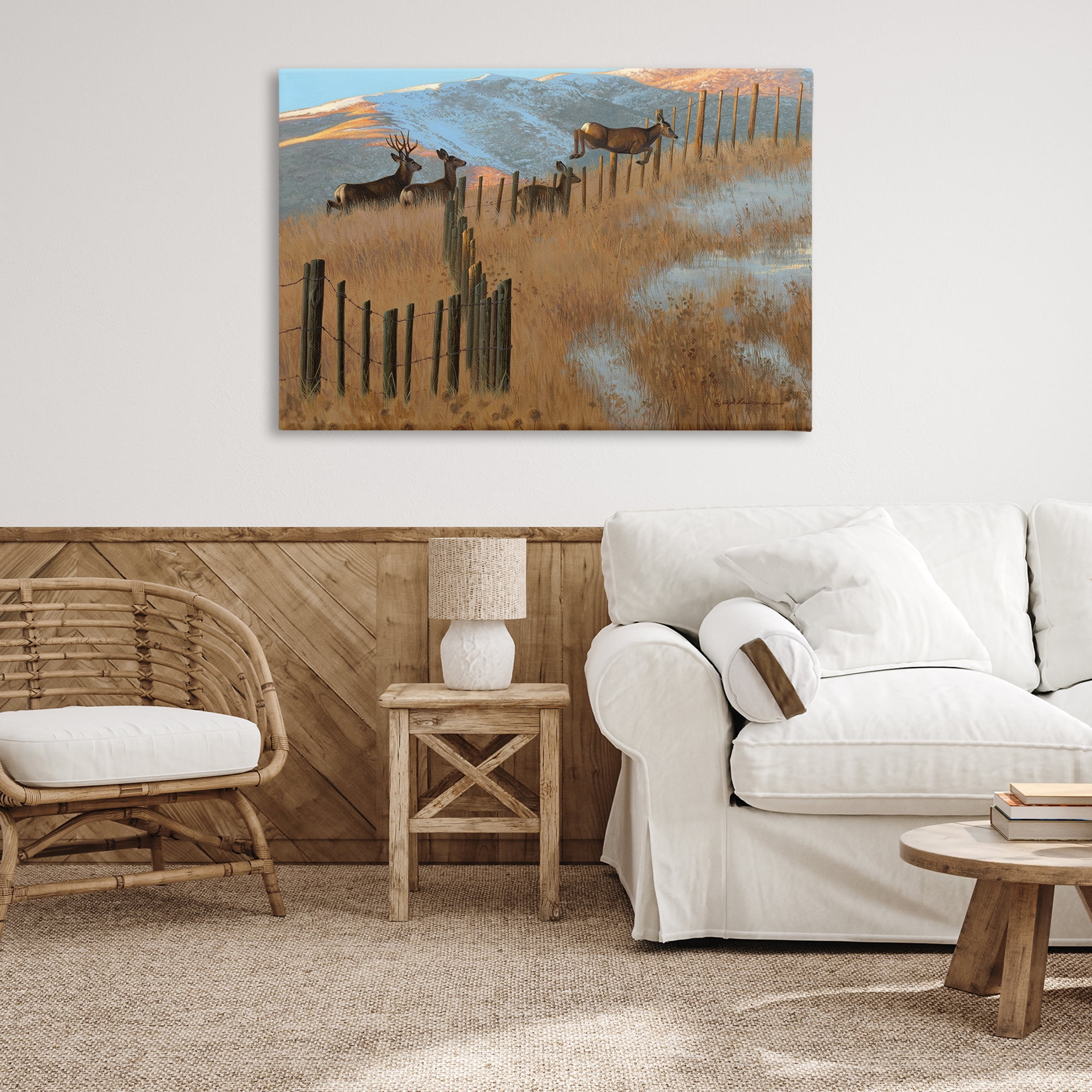 Stupell Industries Deer Jumping Country Fence Landscape & Nature Painting Wrapped Canvas Art Print Wall Art, 45 x 30