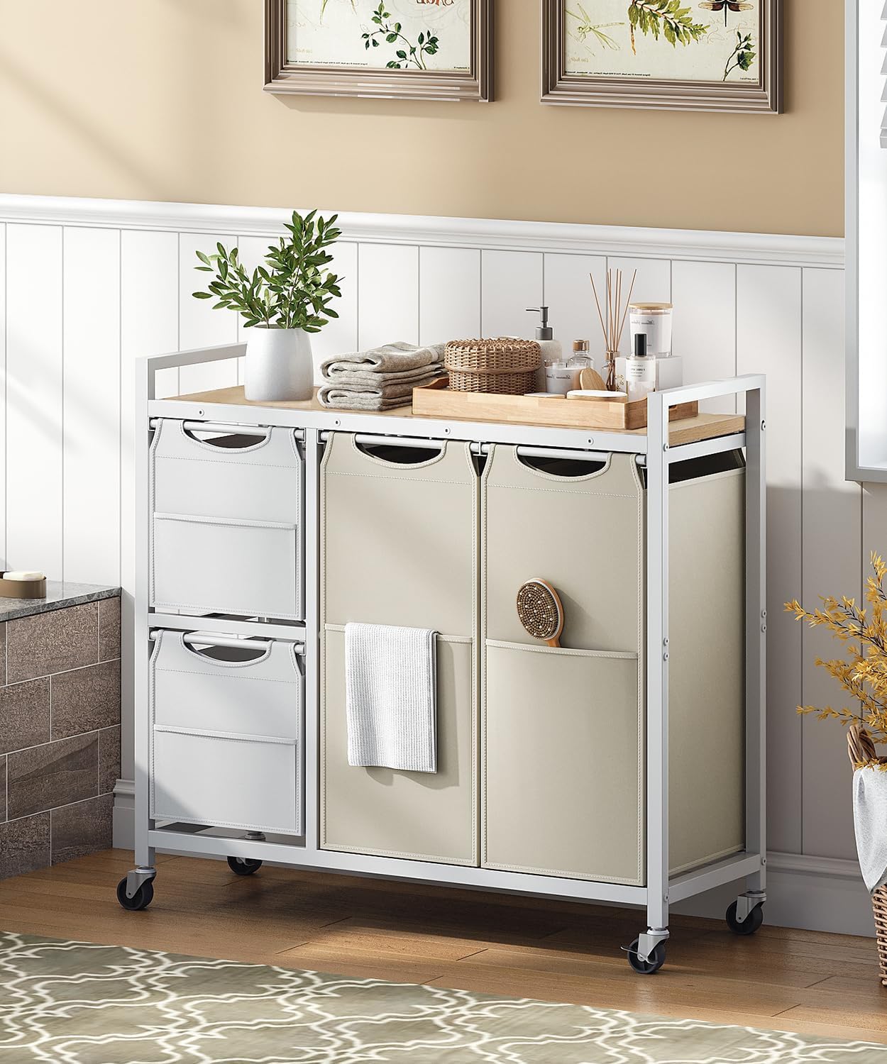 Laundry Sorter with 4 Section, 39 Gal. (147 L) Laundry Hamper with Wheels, Rolling Laundry Basket with Shelves, Pull-Out Detachable Bags, Side Pockets