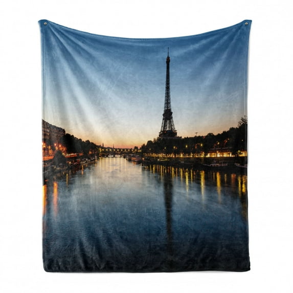 Night Soft Flannel Fleece Blanket, Eiffel Tower at Twilight Travel Destination Tourist Attraction Famous Monument, Cozy Plush for Indoor and Outdoor Use, 50" x 60", Pale Blue Yellow, by Ambesonne