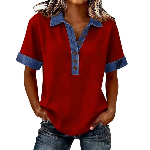 Womens Patchwork Denim Dressy Tops Collared Splicing Casual T-Shirt V Neck Buttons Decor Office Pullover Red 3XL