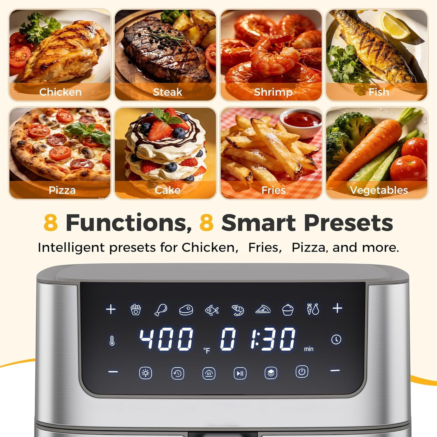 Air Fryer 6.34QT, Airfryer with Visible Window, 400 ℉ Fast Heating Air Fryers Oven with Nonstick and Dishwasher-Safe Basket, 8-in-1 Cooking Preset, Timer，Auto-Off, Stainless Steel, White