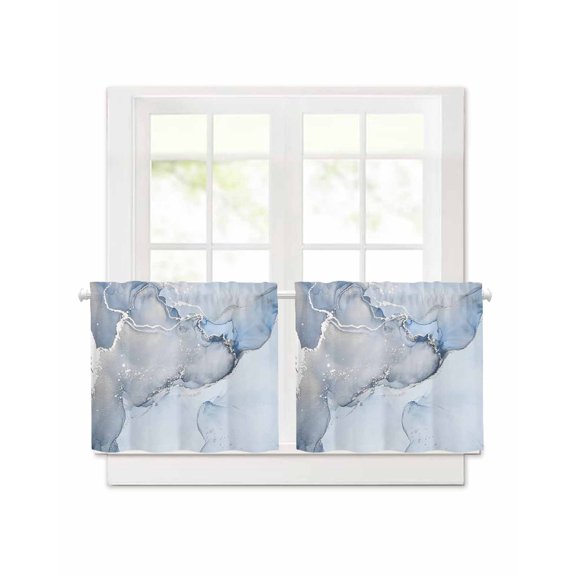 Blue Abstract Short Blackout Curtains 30Inch Long Marble Fluid Art Water Ripples Rod Pocket Kitchen Curtains, 2 Panels Thermal Insulated Room Darkening Drapes for Bedroom, 30"W x 30"L