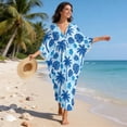 thumbnail image 3 of Xoenoiee Blue Monstera Palm Tree Print Moo-Moos for Women, Plumeria Flower Design Kaftan Dresses Caftan Cover-Up V-Neck High-Slit Beach Pool Party Coverups Muumuu Dress Beachwear, 3 of 7