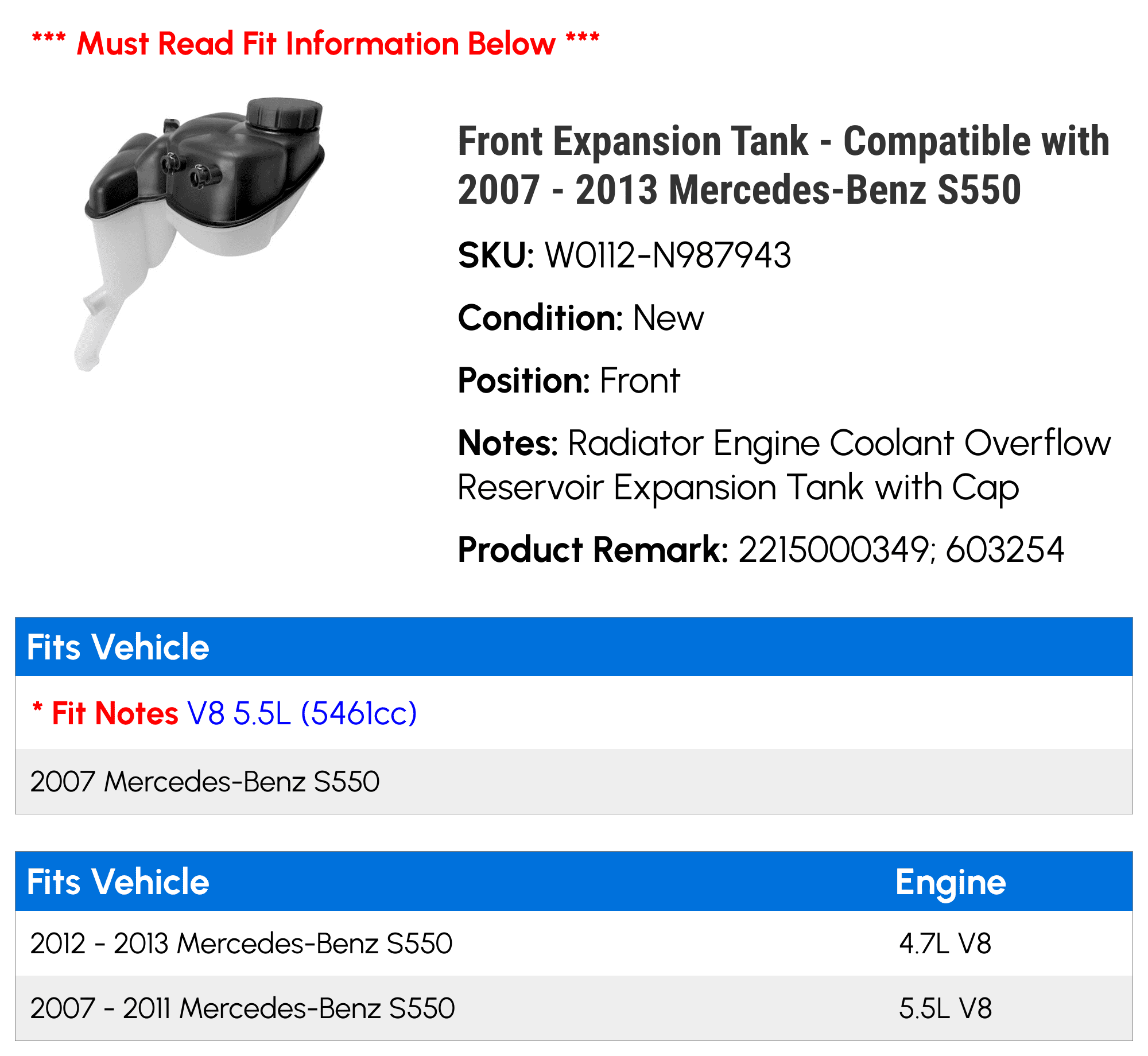 Front Radiator Engine Coolant Overflow Reservoir Expansion Tank with Cap - Compatible with 2007 - 2013 Mercedes-Benz S550 2008 2009 2010 2011 2012