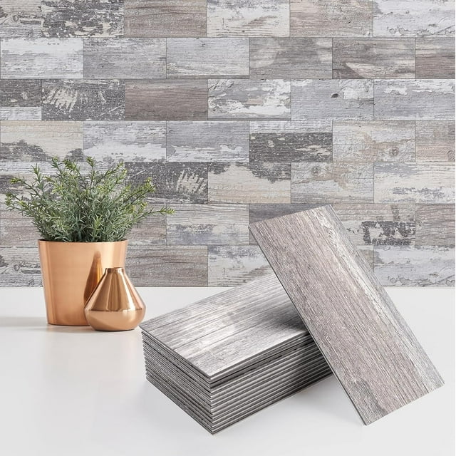 StyloVue 4 Pieces Peel and Stick Backsplash for Kitchen, 3" x 6" PVC Subway Tile Upgraded Distressed Wood Backsplash Stick on Tile Elevate Kitchen, Bathroom, Fireplace,RV