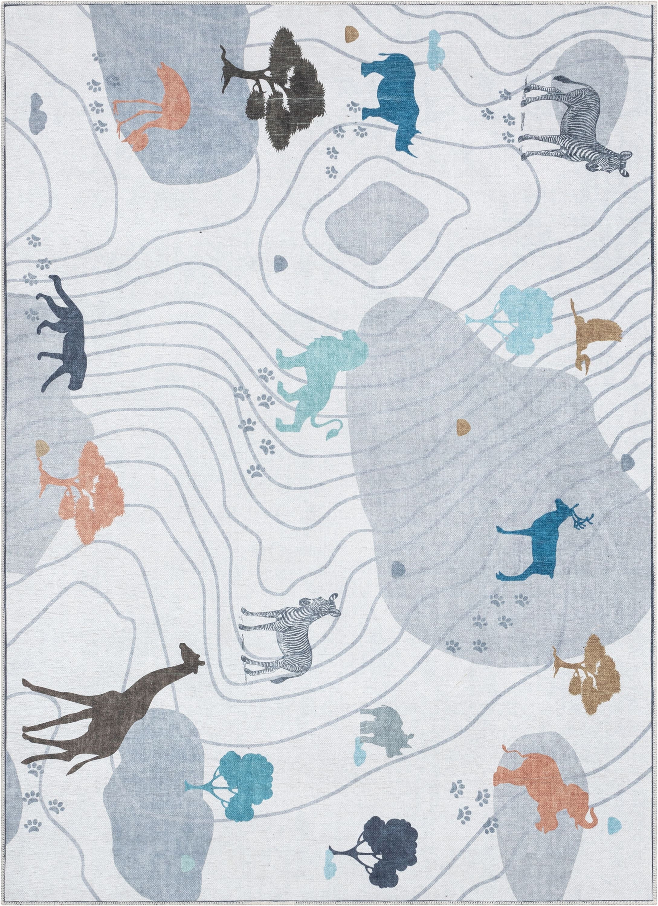 Well Woven Kids Rugs Safari Modern Grey Printed Distressed Machine Washable 5' x 7' Area Rug