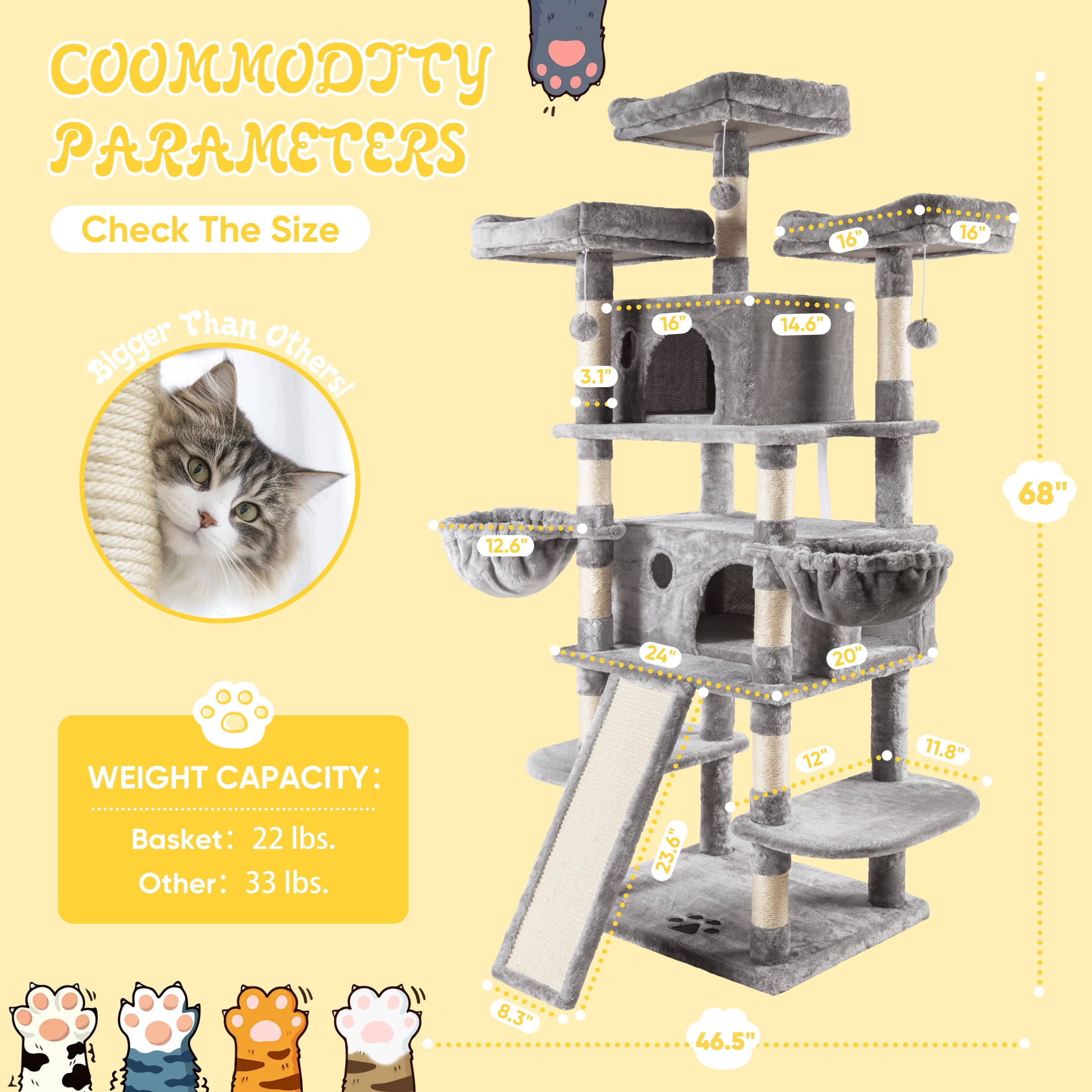 Sha Cerlin 68" X Large Cat Tree and Tower for Cats with Condo House, Sisal Scratching Board & Posts, Gray