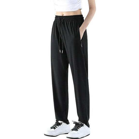 hoadeuw Athletic Pants for Women Dry Fit Ice Silk Lightweight Workout Pants Casual Stretch Loose Straight Leg Sports Running Pants with Pockets Black