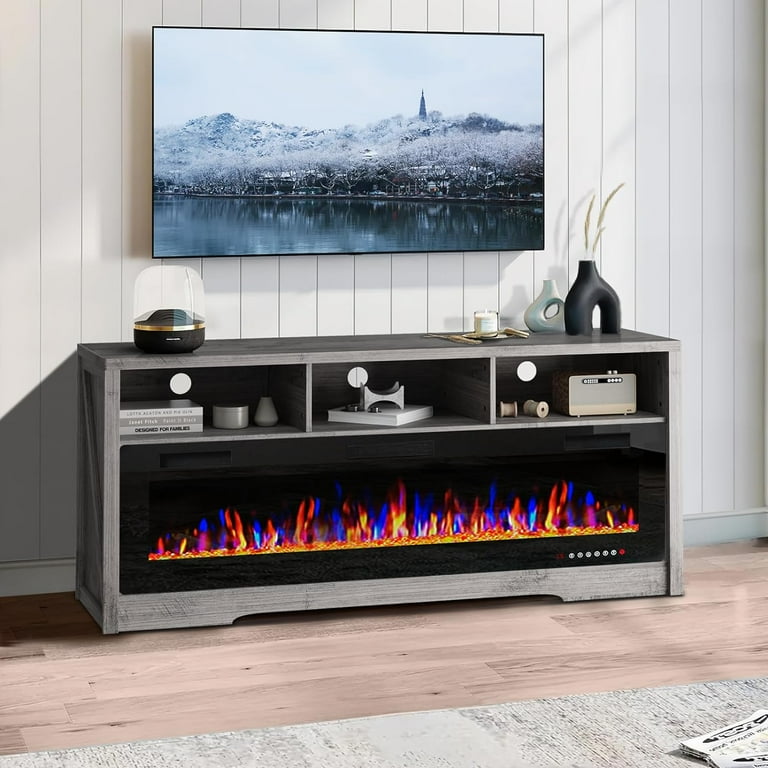 Waleaf Fireplace TV Stand for TVS Up to 75 TV with 60 Electric Fireplace Entertainment Center with Open Shelve Storage