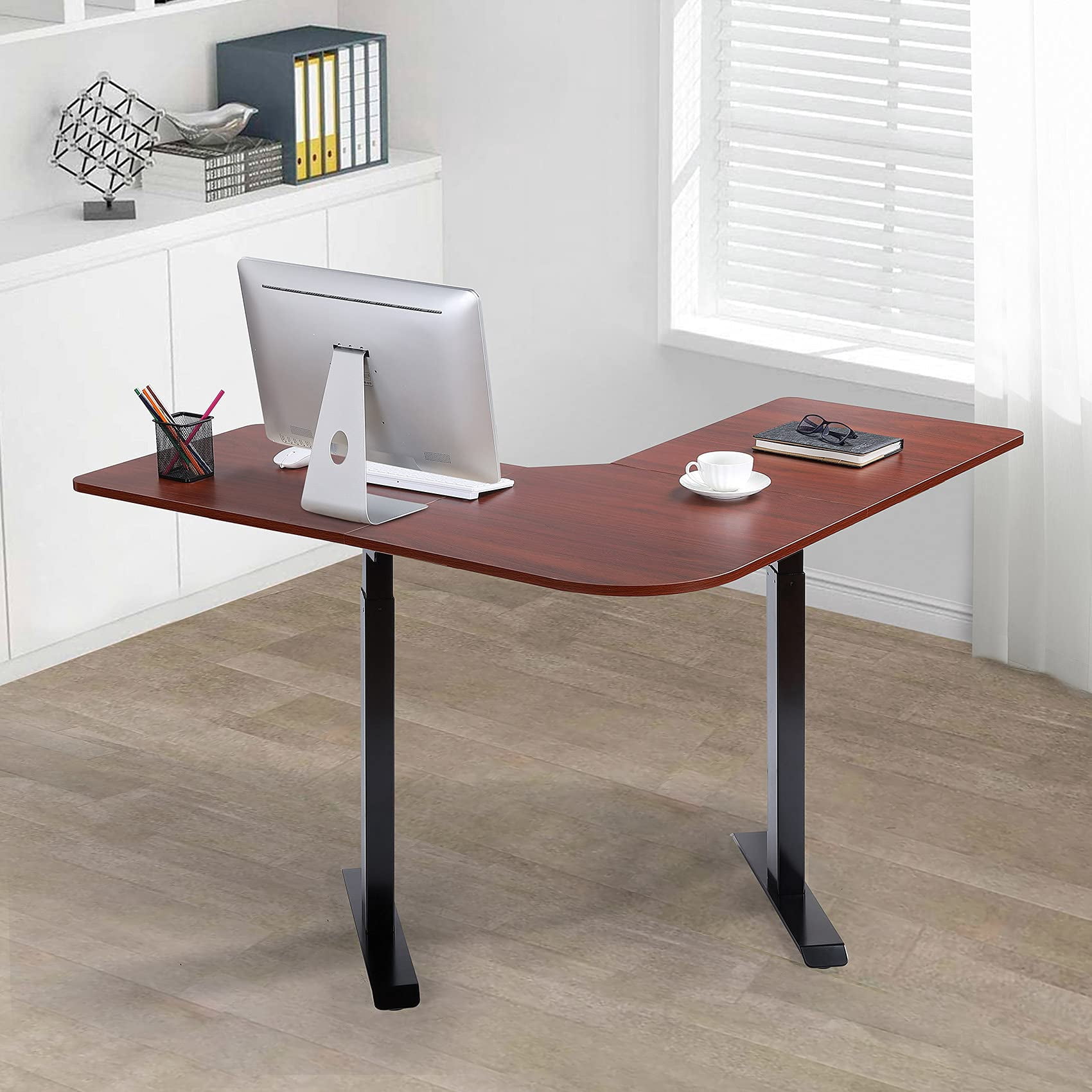 UNICOO® L Shaped Dual Motor Electric Height Adjustable Standing Desk, Computer Corner Desk, Home Gaming Desk, Office Writing Workstation (Black Frame/Mahogany Top) XOT-L-BM