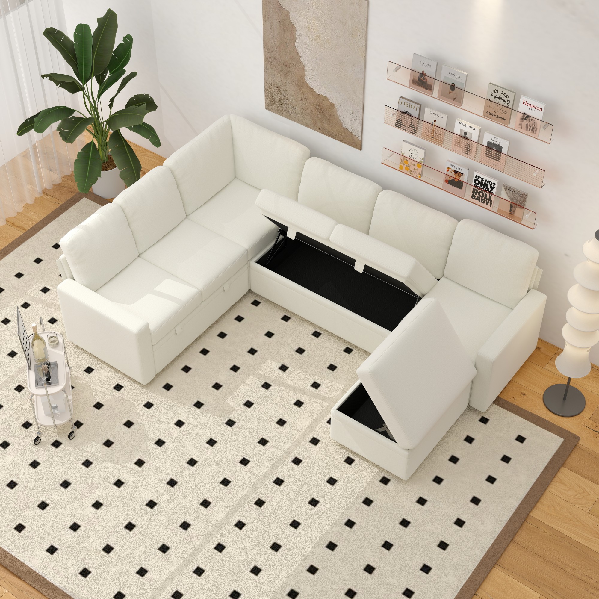 Gewnee 6-Seater Beige L-Shaped Convertible Sofa - Skin-Friendly & Wear-Resistant Chenille Fabric, Multifunctional Storage, for Living Rooms & Halls（including 1 footstool）
