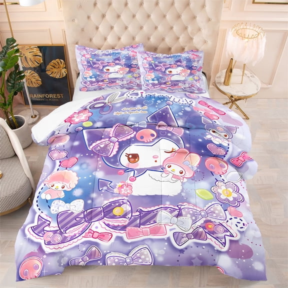 NEW Purple Kuromi Comforter Pillowcases Kids 3-Piece Bedding Sets for All Season, Twin/Twin XL