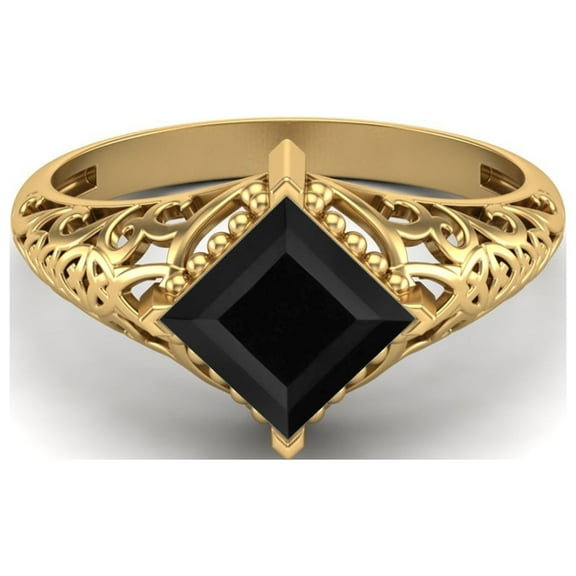 1.30 Ctw Square Black Spinel Filigree 925 Sterling Silver Gold Vermeil Solitaire Valentines Day Gifts Ring