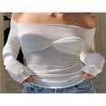 thumbnail image 2 of Women Tops Solid Color Off Shoulder Flared Long Sleeve T-Shirts, 2 of 7