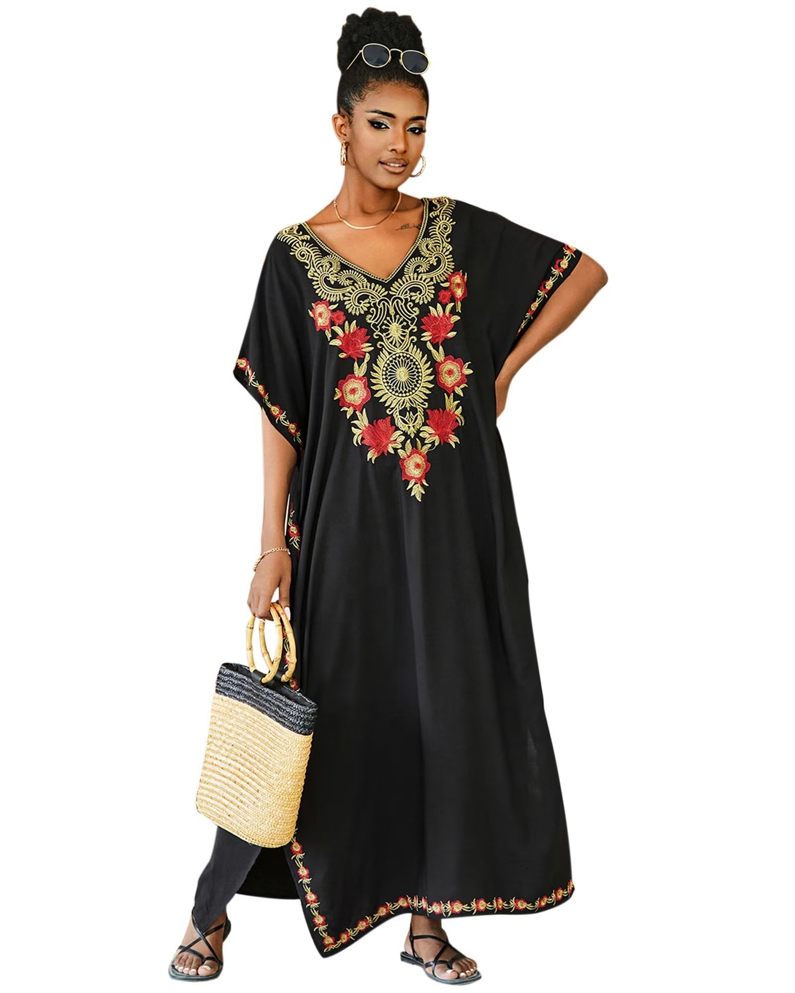 Edolynsa Bohemian Kaftan Dress Floral Embroidered Black Casual Dress ...