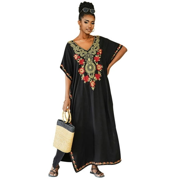 Edolynsa Bohemian Kaftan Dress Floral Embroidered Black Casual Dress Plus Size Beach Cover Up