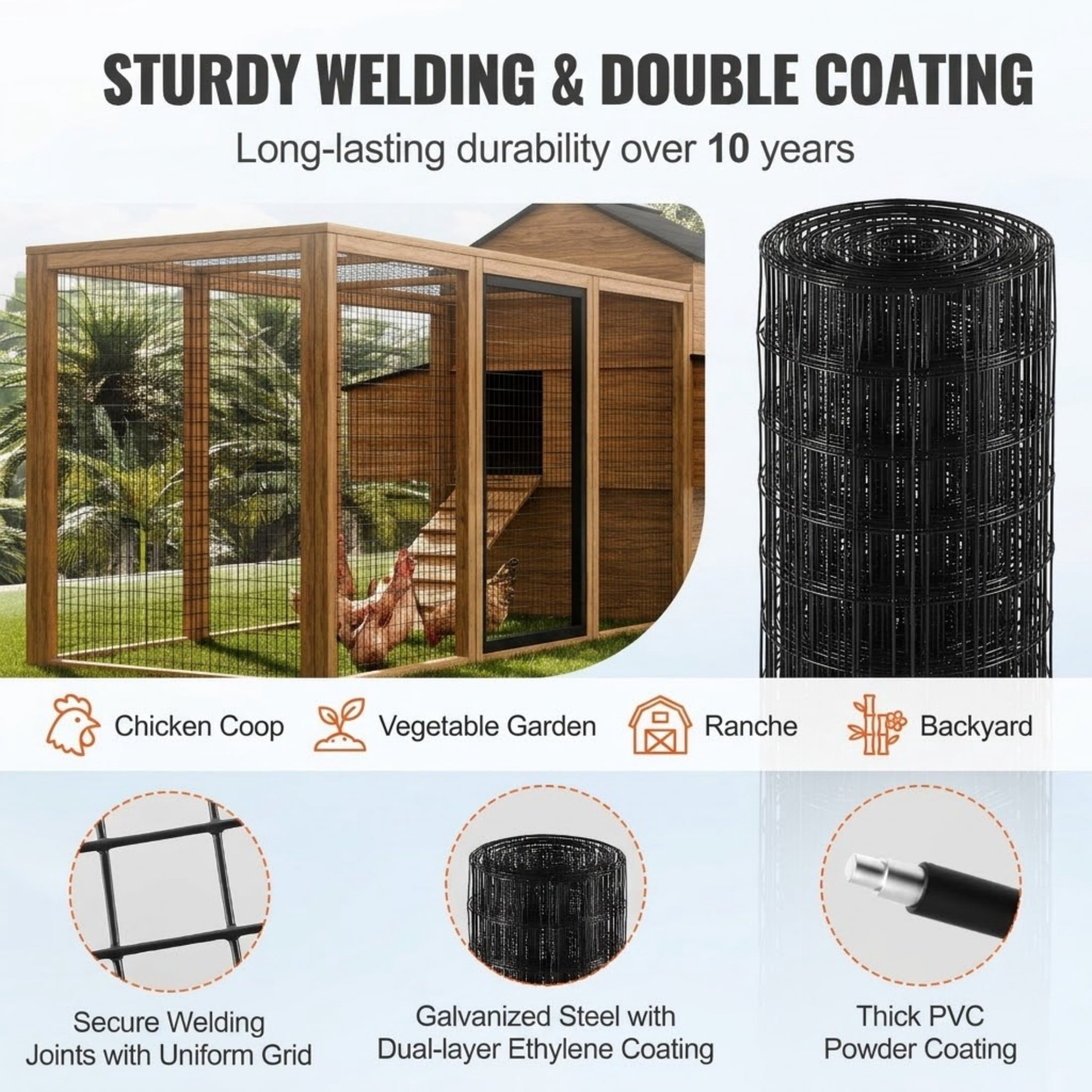 24'' x 50' 16 Gauge Hardware Cloth, Vinyl Coated Galvanized Wire Mesh Roll for Chicken Coop and Poultry Fence
