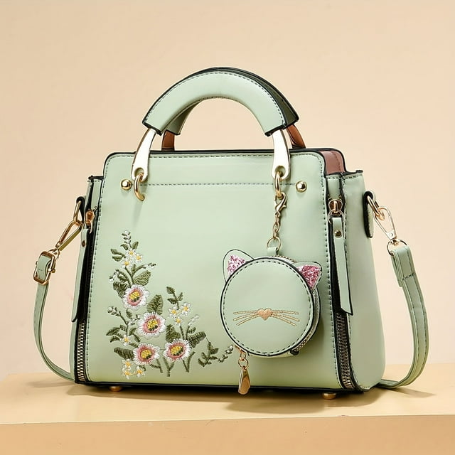 YOPTOP Small Flower Embroidery Crossbody Bag - Compact and Stylish Design with Top Handle Satchel Style Convertible Shoulder Bags Spacious Totes Hands-Free Crossbody Strap and Adorab,Green