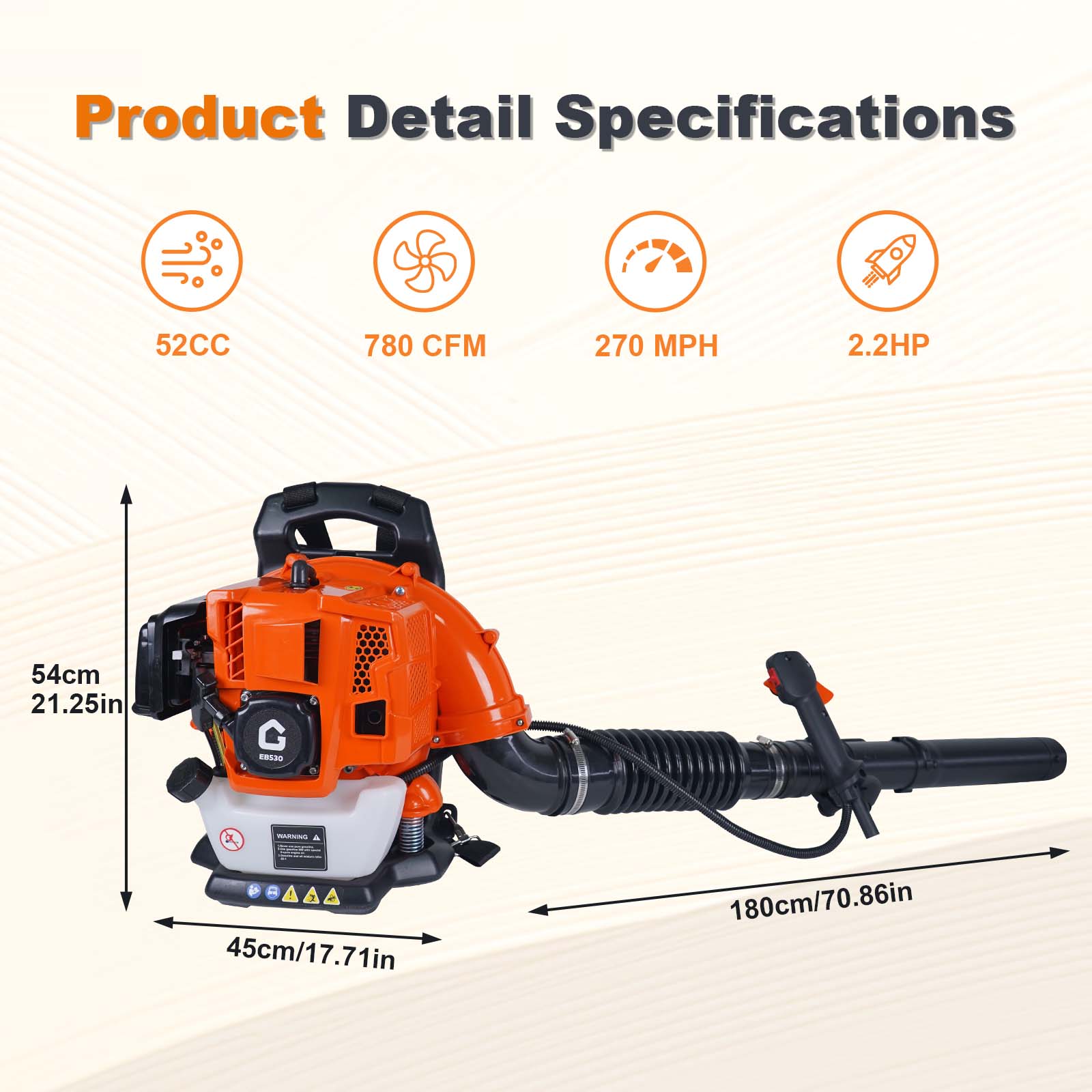 Wildbreak Gas Leaf Blower with Backpack, 52 CC, 2.2 HP, 780 CFM, 270 mph, Orange
