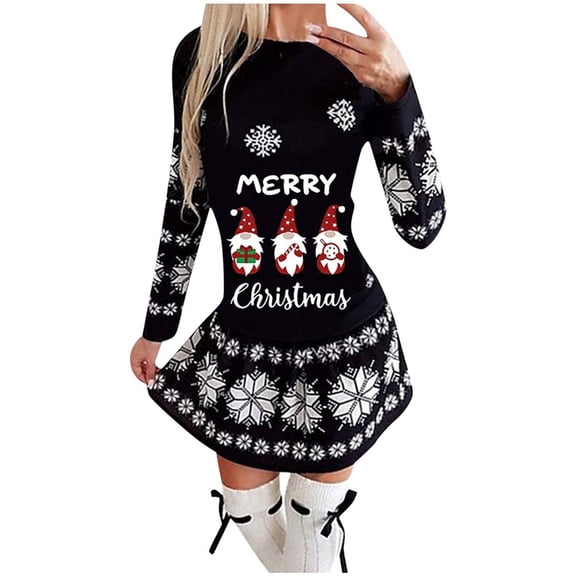 Lanhui Women Casual Round Neck Christmas Deer Snowflake Print Long Sleeve Mini Dress