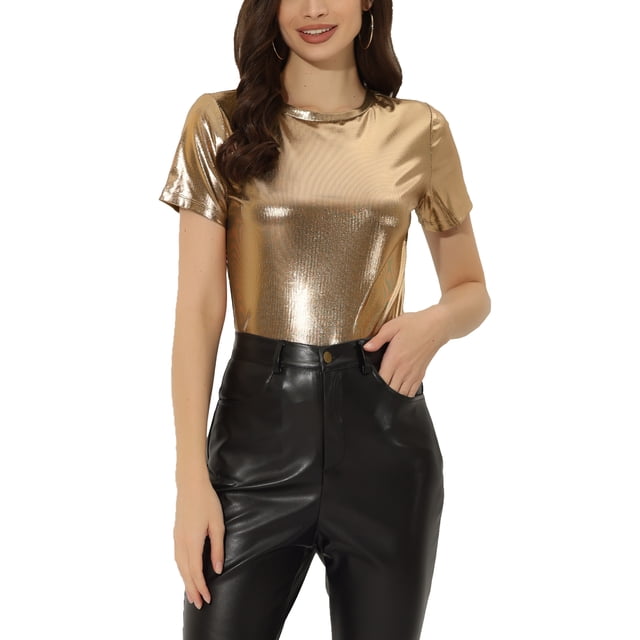 INSPIRE CHIC Women's Party Metallic Textured Short Sleeve Shiny Multicolor Top Brown Gold S