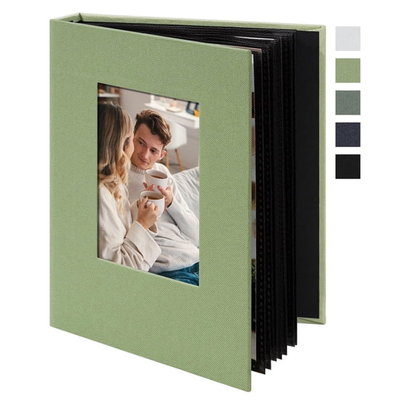 SAOIRSES Small 4x6 Photo Album 24 Pockets Linen Cover with Front Window Portable Mini Picture Book for Travel Wedding Memories Organizer Light Green
