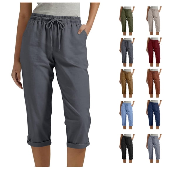 Oksale Cotton Linen Capri Pants for Women Plus Size Breathable Capris with Pockets Casual Drawstring Mid Waisted Summer Cropped Trousers for Vacation Dark Gray S
