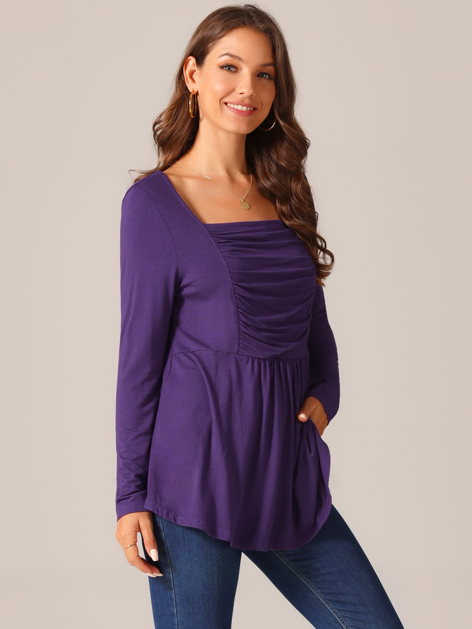 DARING DIVA Women's Long Sleeve Pleated Blouse Square Neck Babydoll Tops S Purple