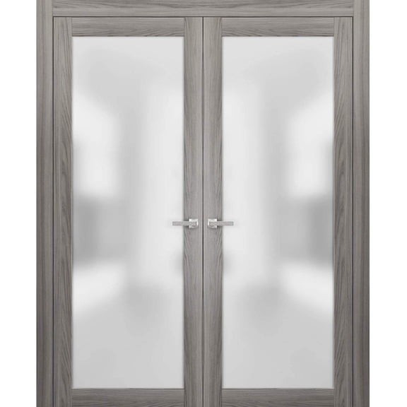 Solid French Double Doors Frosted Glass | Planum 2102 Ginger Ash | Wood Solid Panel Frame Trims | Closet Bedroom Sturdy Doors-36" x 84" (2* 18x84)