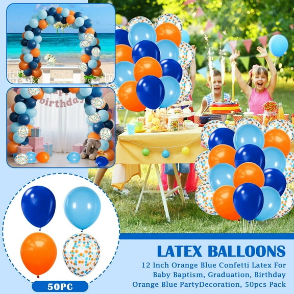 12 Inch Orange Blue Confetti Latex For Baby Baptism, Graduation, Birthday Orange Blue Party Decoration, 50pcs Pack