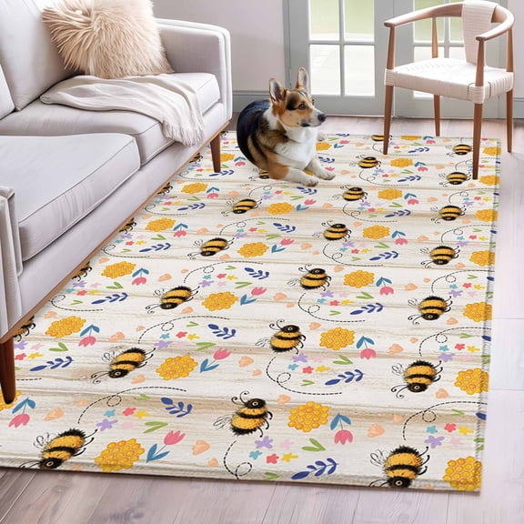 Spring Bees Area Rugs 4'x6', Washable Small Throw Rugs for Office Bathroom, Farmhouse Animals Flowers Leaves Wooden Indoor Outdoor Rug Non-Slip Low Pile Carpet Runner Reversible Floor Mats