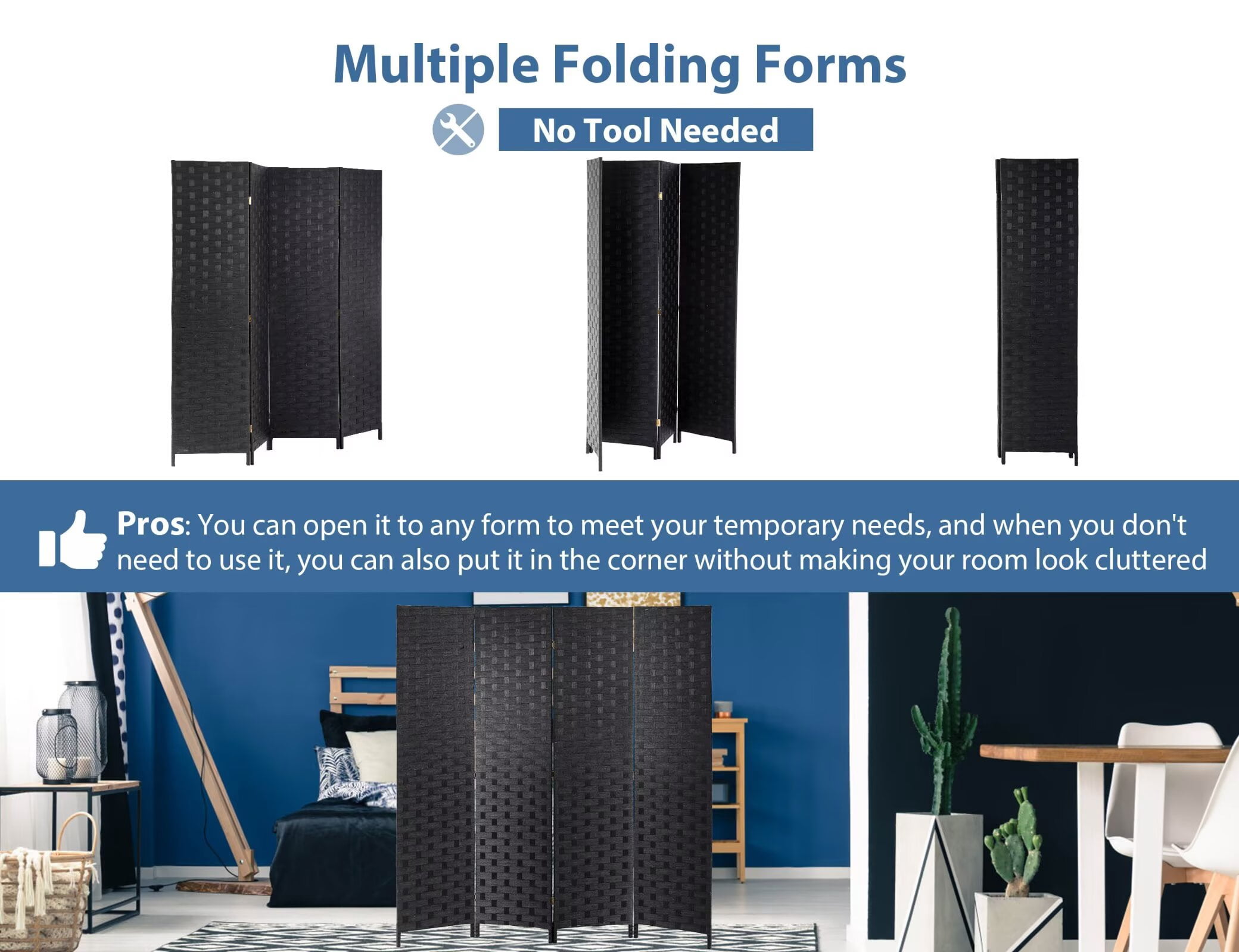 YRLLENSDAN,4 Panels,Room Divider Panel,Wall Divider for Room Separation,Privacy Screen Indoor,Foldable,Portable,Wooden,Independent Type,Black