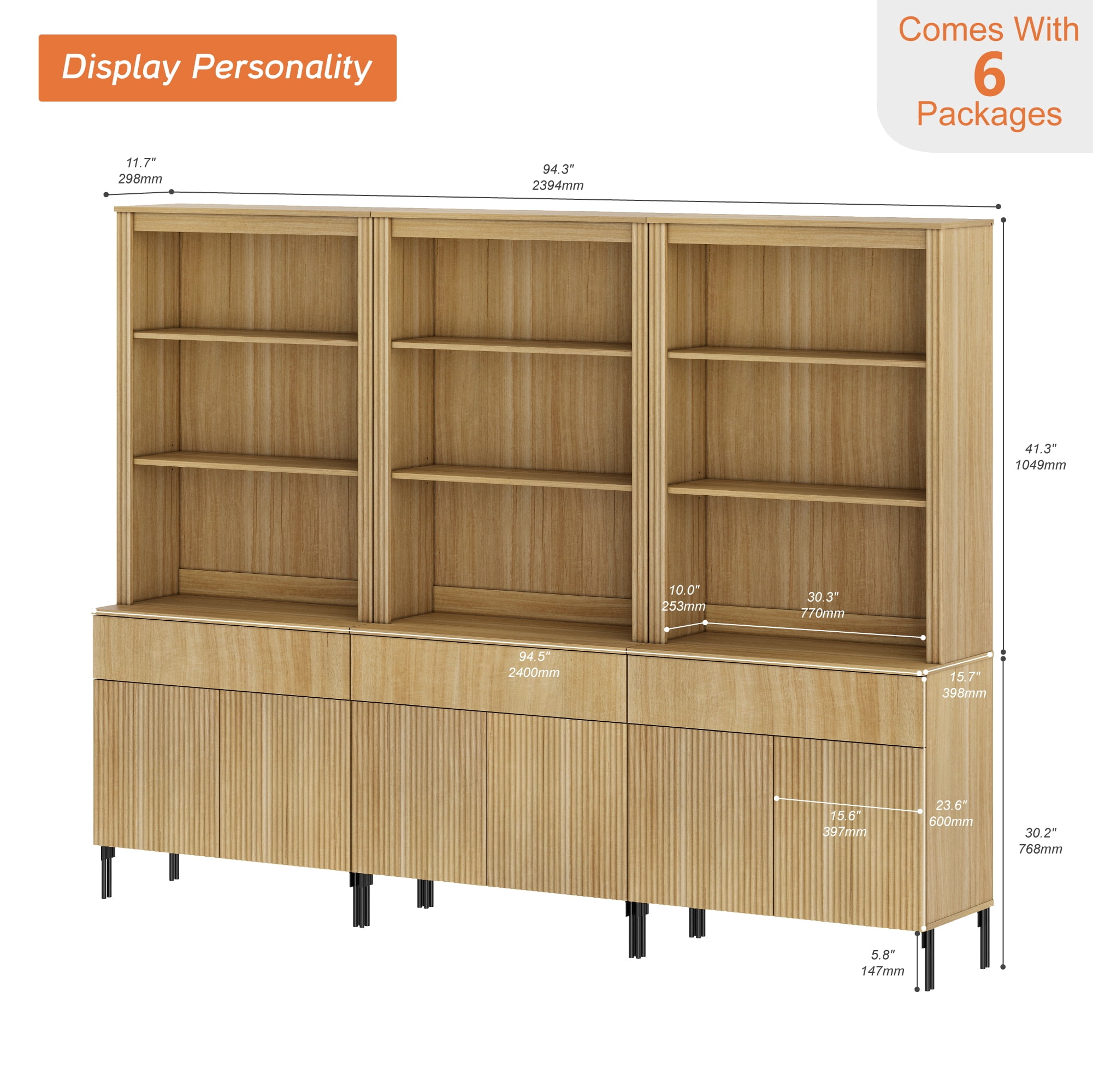 2-In-1 71" Tall Arched Kitchen Pantry Cabinet, Wood Bookcase Display Cabinet With Glass Doors And Adjustable Shelves, Mid-Century Modern Versatile Cupboard For Dining Room, Bedroom