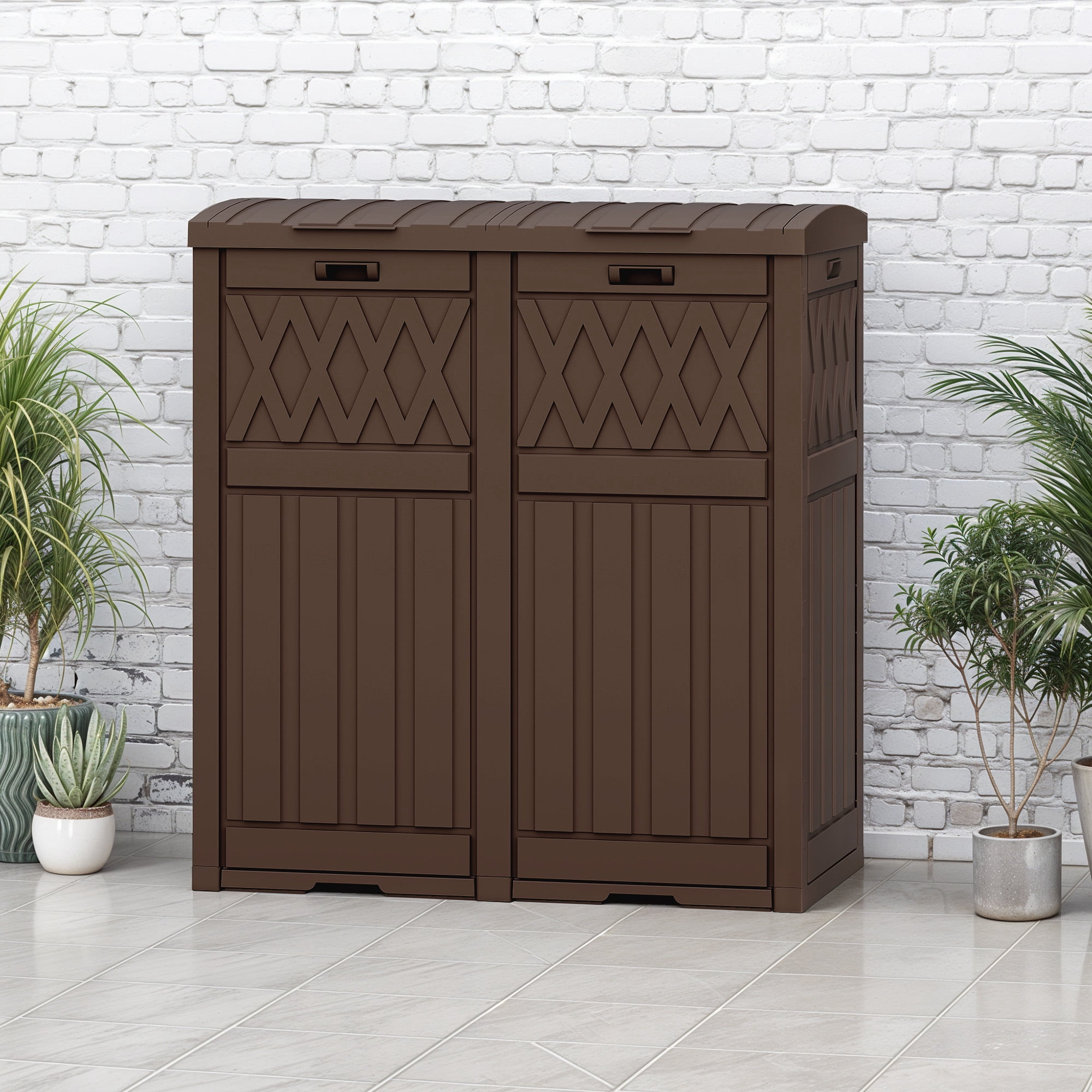 Uforic Double Compartment Outdoor Trash Can, 62 Gallon Waterproof Resin Garbage Bin with Tiered Lid and Drip Tray for Patio Deck Backyard, Dark Brown
