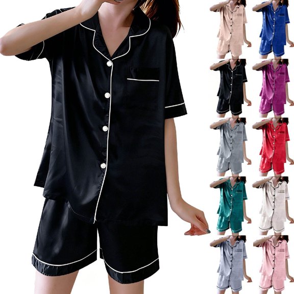 Purcolt Satin Pajama Set for Women Button Down Short Sleeve Tops Lounge Silky Shorts Sleepwear Loungewear 2 Piece Pjs Sets