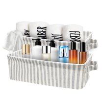 Narrow Storage Bins, Small Basket for Closet and Shelves, Fabric Organizer with Handles, Toilet Paper Storage, Khaki and Beige Stripes, 2-Pack