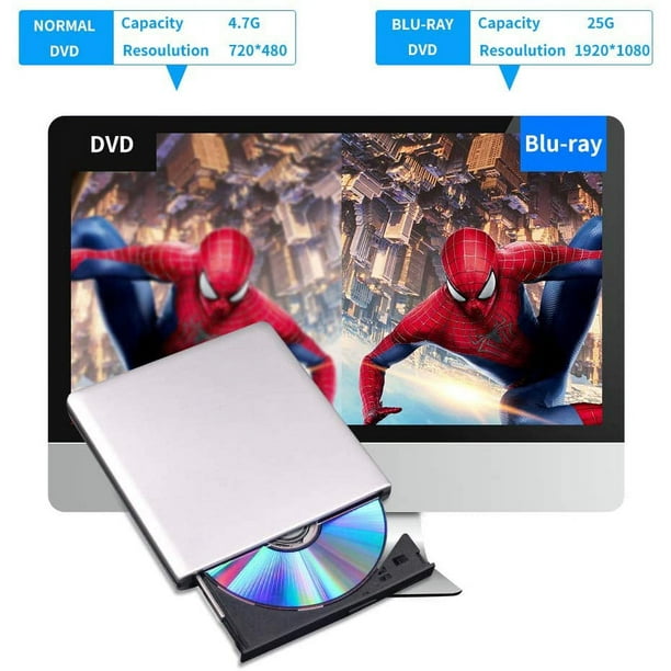 Lecteur DVD Blu Ray externe Lecteur CD DVD Blu Ray 3D, USB 3.0 et Type-C Lecteur  Blu-ray portable optique mince 
