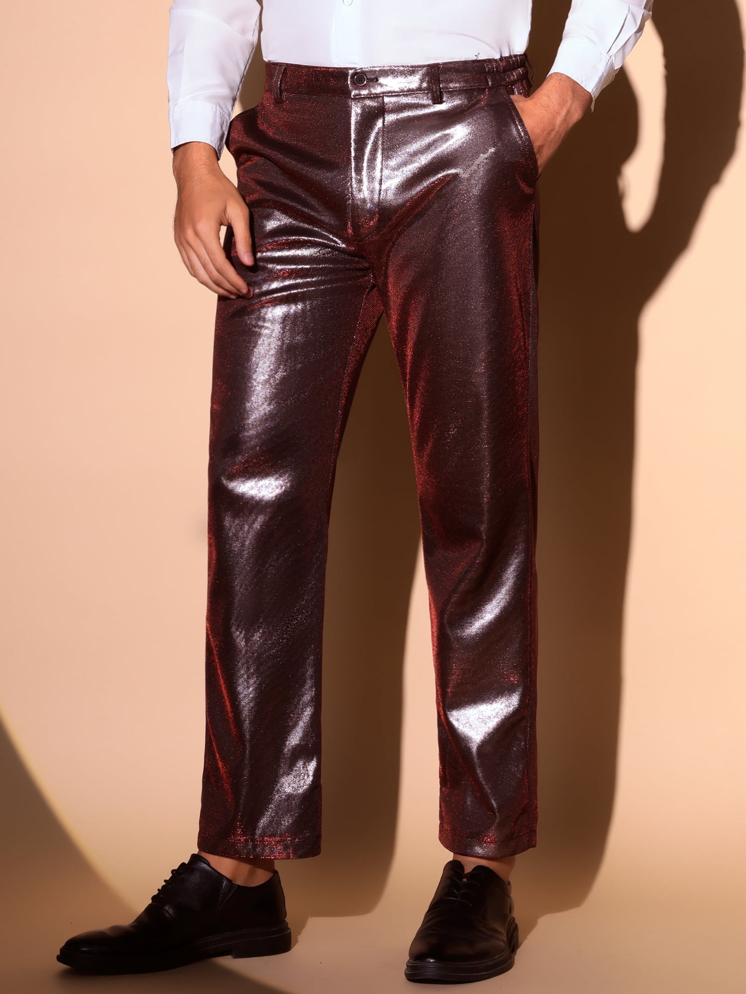 DARING DIVA Men's Metallic Pants Straight Leg Shiny Faux Leather Trousers 32 Red