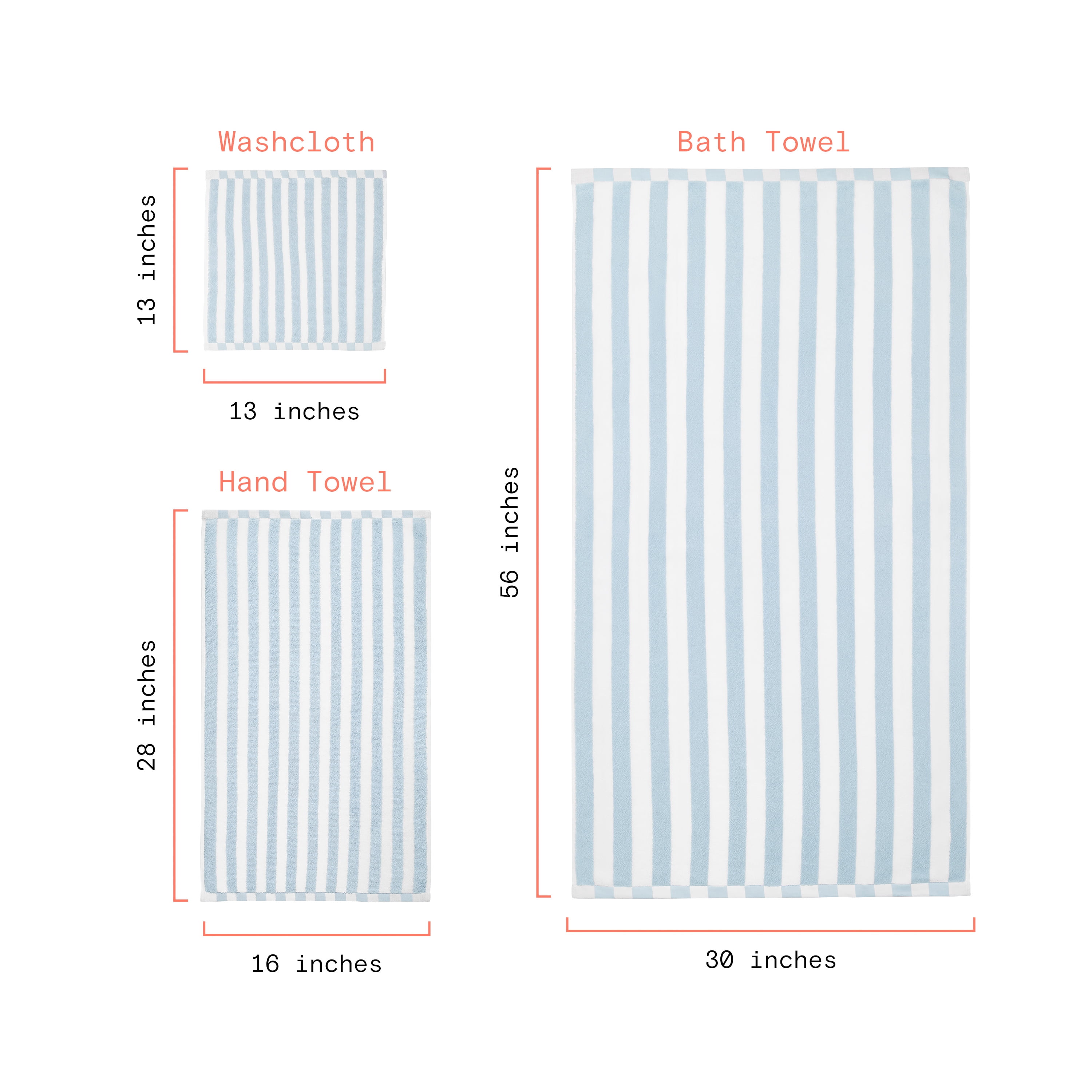 Beautiful by Drew Barrymore 6-Piece Stripe Hem Bath Towel Set, Soft 100% Cotton, Hydrangea