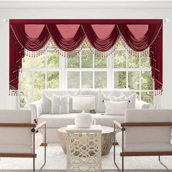 VOGOL Extra Wide Waterfall Valance, Lightweight Silky Sheer Curtain Window Treatment for Bedroom, Soft Touch Voile Swag Drapes for Living Room, W110, 1 Panel, Red