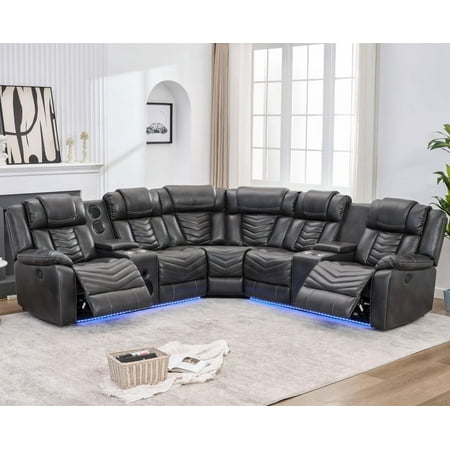 Power Reclining Sectional Sofa with Bluetooth Speakers,USB Ports,LED Lights,Cup Holders,Storage Console,Faux Leather Electric Corner L-Shaped Recliner Couch,5 Seater for Living Room Gray